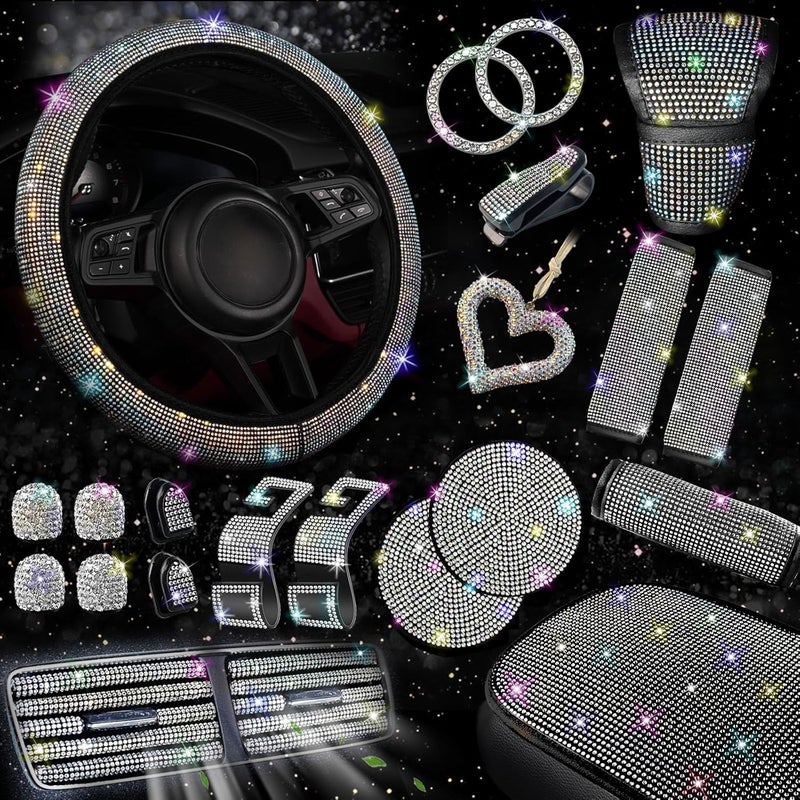 NBTEPEM 30 Pcs Multicolor Bling Car Accessories Set for Women, Steering Wheel Cover Set, Bling Console Cover, Seat Belt Cushion, Shift Knob Cushion, Cup Coaster, Rhinestone Car Hanging Accessories - Image 1